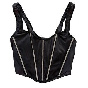 Victoria Secret Black Corset Top Rhinestone Sheer Mesh Hook and Eye S Whimsigoth